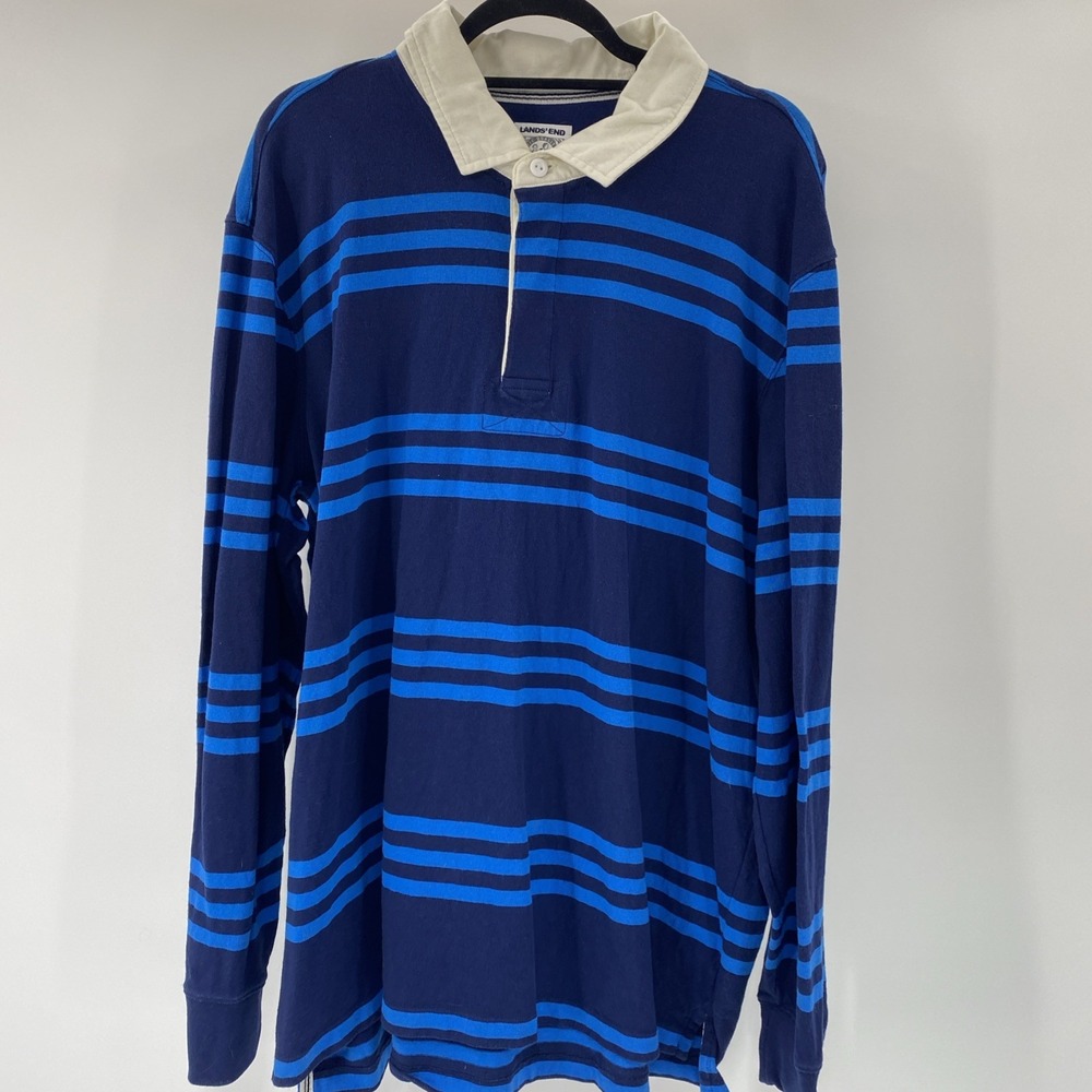 Lands End Rugby Shirt Mens XXL Blue Striped Preppy Ivy Classic Casual 2XL - Picture 2 of 11
